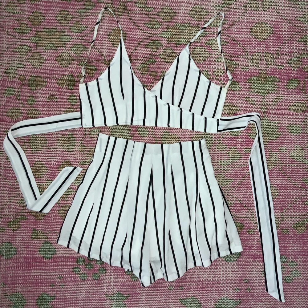 Black and white striped two piece set
